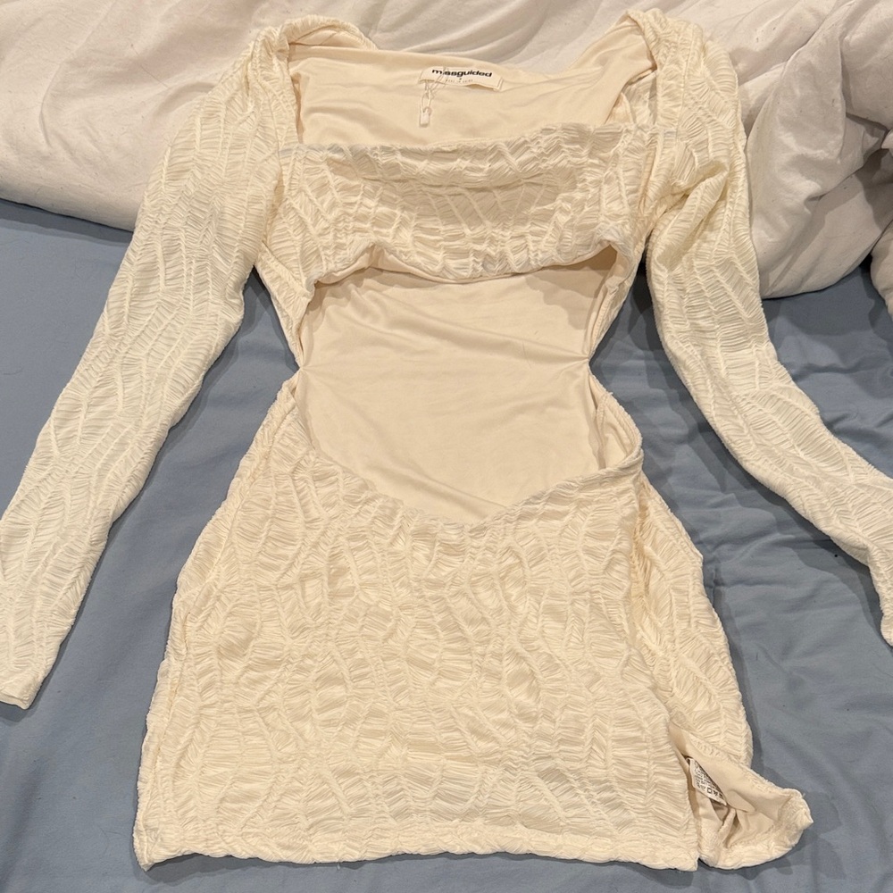 Missguided Cream Textured Long Sleeve Dress